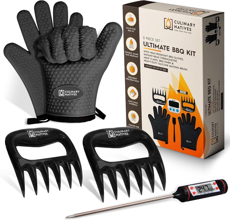 CULINARY NATIVES Smoker Gloves and Meat Claws | No.1 Heat Resistant BBQ Grill Gloves | Meat Shredder Claws | Thermometer | Silicone Smoker Oven Mitts & Pulled Pork Shredders | Barbecue, Grilling, Smoking, Shredding - Image 1